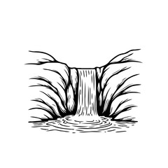 Waterfall cascade illustration with rocky landscape and rippling water surface drawn in minimalist