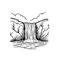 Waterfall illustration with cloudscape and natural surroundings creating a calming picturesque