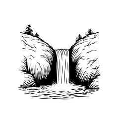 Waterfall scene with rocky cliffs and evergreen trees in a monochromatic engraved aesthetic