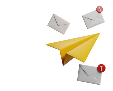 Yellow paper airplane with white envelopes and notification icons on a black background design on transparent background