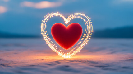 Fototapeta premium A glowing heart-shaped light frame encircles a red heart on a sandy beach at twilight.