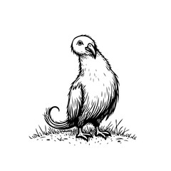 Whimsical bird illustration standing proudly on grass rendered in detailed monochrome ink style