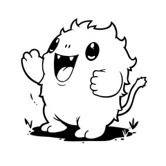 Whimsical creature waving joyfully with tiny paws in monochrome illustration for children's book