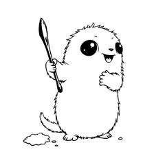 Whimsical creature with kitchen utensil creating culinary chaos in a simple playful scene