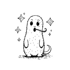 Whimsical doodle of a fuzzy character in monochrome with sparkling stars floating playfully around