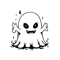 Whimsical halloween illustration featuring friendly ghost surrounded by autumn leaves providing a