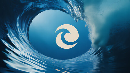 A dynamic ocean wave forming a tunnel with a swirling pattern at its center