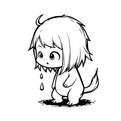 Whimsical hand drawn monster character illustration in black and white with unique detail and