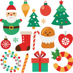 Fototapeta premium Vector art of a vibrant christmas graphic set showcasing santa claus, gingerbread man, christmas trees, ornaments, gifts, candy cane, stocking, and garland, all isolated on a for festive use