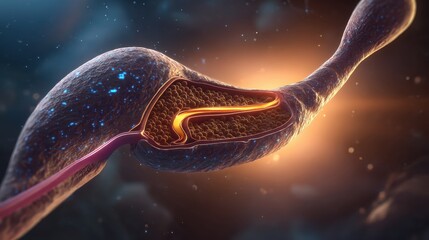 Magnified View of Cell Structure with Inner Components and Light Effects