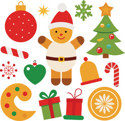 Fototapeta premium Vector art of a vibrant assortment of christmas symbols such as a gingerbread person, adorned pine tree, baubles, striped sweets, wrapped presents, snowflakes, and a bell, all isolated on a