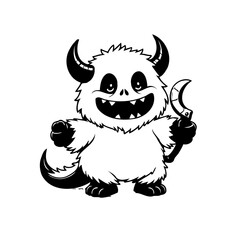 Whimsical horned creature with a crescent-shaped blade in a stylized drawing illustration design