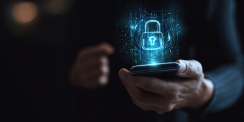 The smartphone displaying a digital security lock with a futuristic aesthetic.
