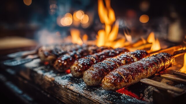 Grilled bratwurst skewers sizzling over open flame Oktoberfest outdoor cooking festival ambiance culinary craftsmanship rustic presentation