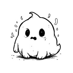 Whimsical monochrome ghost illustration with a spooky yet endearing expression floating gently