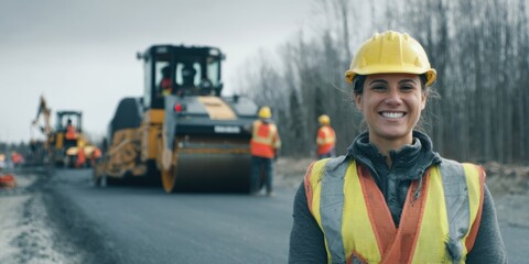 The confident construction worker smiling at a roadwork project site.