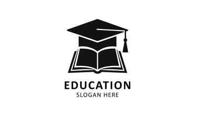 Elegant vector logo for "Education" with a black graduation cap and an open book. This minimalist icon on a white background is ideal for schools, universities, or learning platforms.