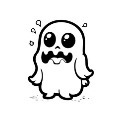 Whimsical specter character with worried expression floating above ground in a black and white