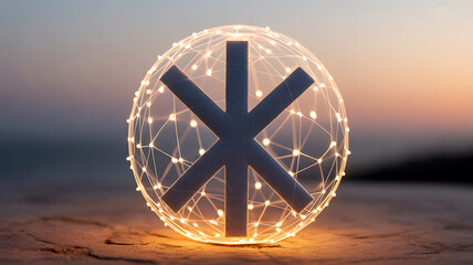 Illuminated spherical structure with geometric star design glowing on sandy surface at dusk