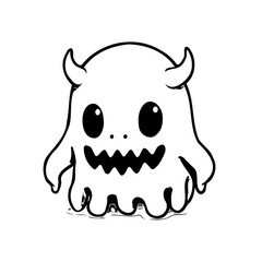 Whimsical spectral character with tiny horns and a toothy grin celebrates playful haunted house