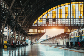 vintage Hua Lamphong railroad station with classic retro trains in Bangkok, historic old-fashioned Thai railway hub featuring retro travel ambiance
