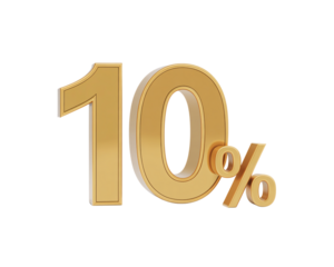 A golden ten percent symbol isolated on a black background in a rendered three d illustration on transparent background