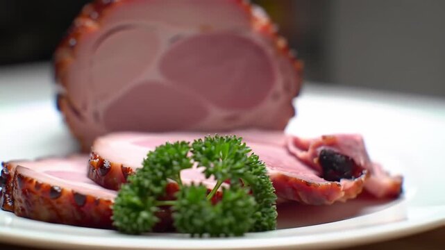 Glazed ham slices on plate, kitchen background, holiday meal