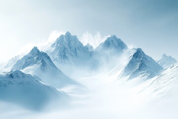 Obraz premium Snow-covered mountain peaks shrouded in mist under a bright sky during chilly winter morning