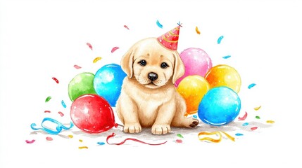 Adorable watercolor puppy wearing a party hat surrounded by colorful balloons and confetti