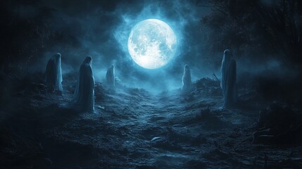 Ghosts Under The Full Moon During Halloween 