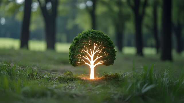 Glowing tree in a forest clearing at night, illuminated from within with soft light