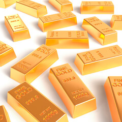 Gold bars randomly scattered on a white background. 3d rendering