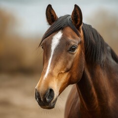 Obraz premium Close-up of a beautiful brown horse with a white blaze.