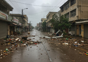 Fototapeta premium Typhoon aftermath street view of a fictional city. with rubble and rubbish everywhere.