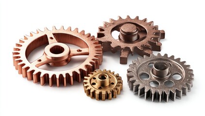 Interlocking gears of varying copper and bronze tones on a white background