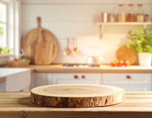 Wooden podium in rustic farmhouse kitchen with warm gradient tones