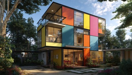 Obraz premium A three-story modern house with multicolored square panels on the exterior walls, architectural rendering
