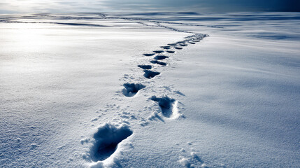 A single set of footprints leading through fresh snow, with no one else in sight, symbolizing loneliness at Christmas. Loneliness during Christmas holidays with copy space, holiday contrast, aging,