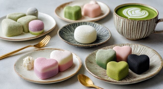 Assorted colorful heart-shaped mochi and other treats alongside a cup of matcha latte