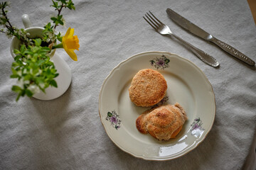 Traditional french sweet toast, Bostock with the addition of almond cream (frangipane) and raspberries made of baked brioche slices, top view.