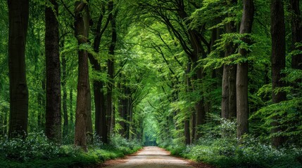 Fototapeta premium Serene Pathway Through Lush Green Forest in Bright Daylight