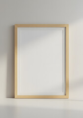 Wooden frame mockup with blank poster against light wall clean background