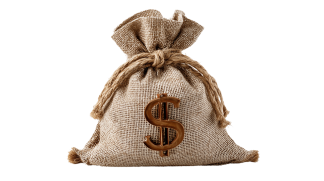 Burlap money bag with dollar sign on transparent background