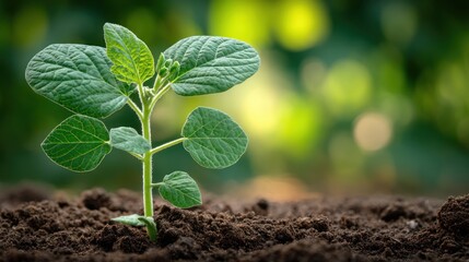 Young Green Plant Growing in Rich Soil with Soft Background Blur