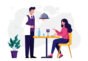 Vector Illustration of a male waiter serving customers