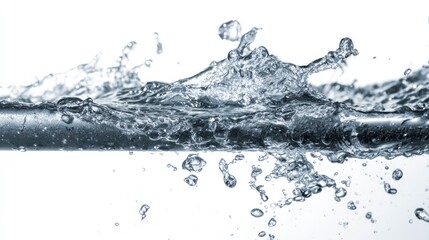 Splashing Water with Droplets Over a Silver Pipe Against White Background