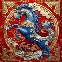 Fototapeta premium 鮮やかな青い馬と赤い鯉の黄金装飾模様背景