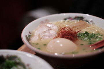 Close-up Bowl of ramens noodles with SPOON in ramen shop stock photo