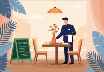 Vector illustration A male waiter is setting the customer's table