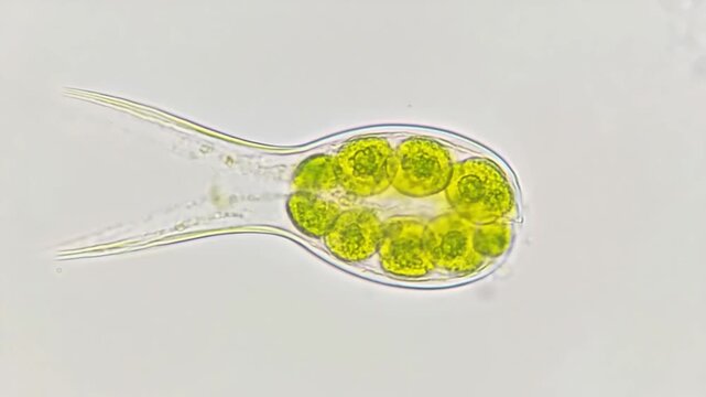 Microscopic view of a single cell with green chloroplasts and transparent extensions on a white background